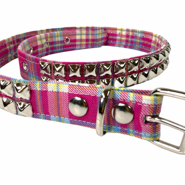 BT117PLAID-PINK PLAID BELT 2 ROW 1/2" SILVER PYRAMID STUDS