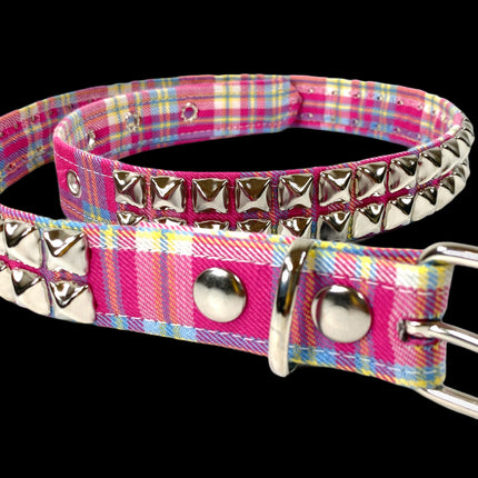 BT117PLAID-PINK PLAID BELT 2 ROW 1/2" SILVER PYRAMID STUDS