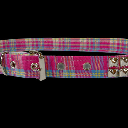 BT117PLAID-PINK PLAID BELT 2 ROW 1/2" SILVER PYRAMID STUDS