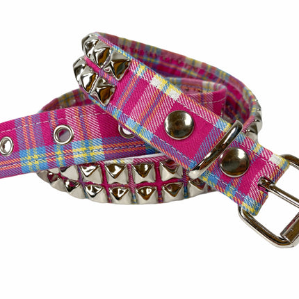 BT117PLAID-PINK PLAID BELT 2 ROW 1/2" SILVER PYRAMID STUDS
