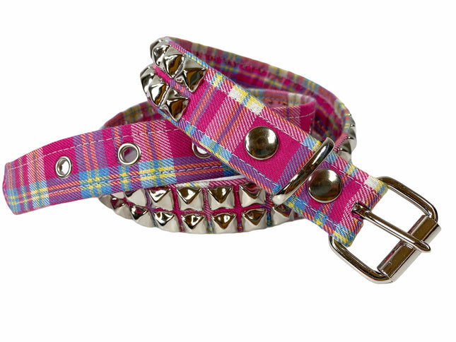 BT117PLAID-PINK PLAID BELT 2 ROW 1/2" SILVER PYRAMID STUDS