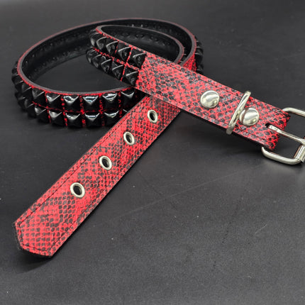 BT117SNK-RED-BS  RED SNAKE 2 ROW BLACK PYRAMID STUD BELT