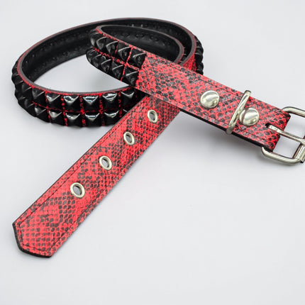 BT117SNK-RED-BS  RED SNAKE 2 ROW BLACK PYRAMID STUD BELT