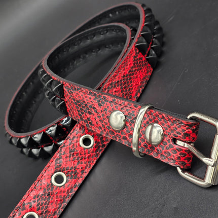 BT117SNK-RED-BS  RED SNAKE 2 ROW BLACK PYRAMID STUD BELT