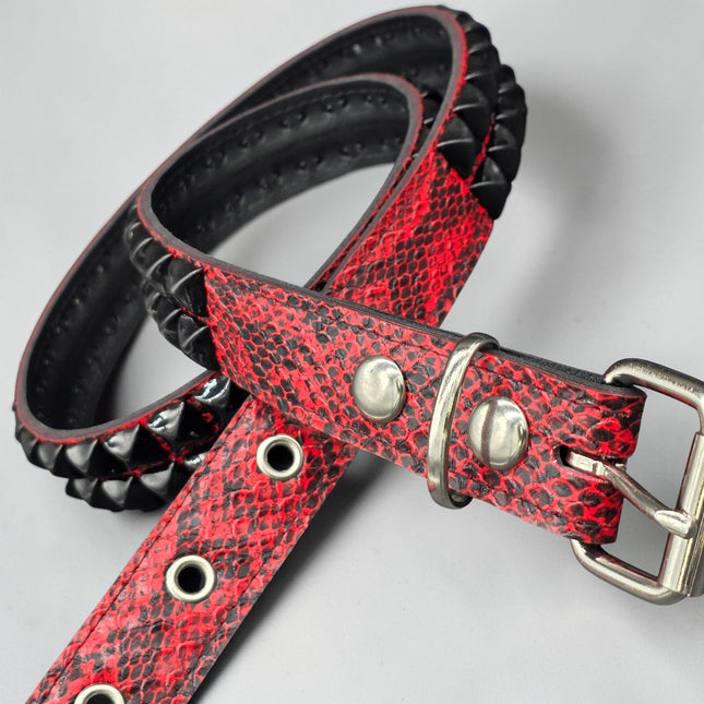 BT117SNK-RED-BS  RED SNAKE 2 ROW BLACK PYRAMID STUD BELT