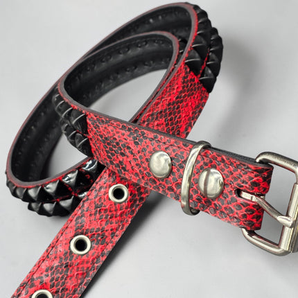 BT117SNK-RED-BS  RED SNAKE 2 ROW BLACK PYRAMID STUD BELT