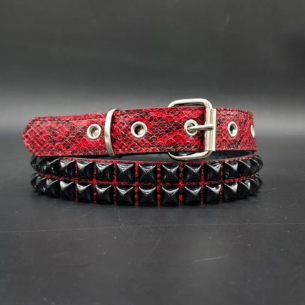 BT117SNK-RED-BS  RED SNAKE 2 ROW BLACK PYRAMID STUD BELT