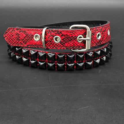 BT117SNK-RED-BS  RED SNAKE 2 ROW BLACK PYRAMID STUD BELT