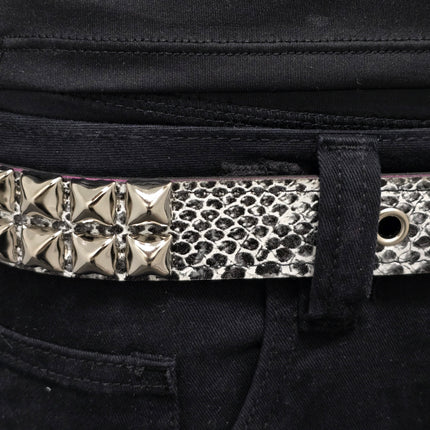 BT117SNK-WHT  WHITE SNAKE 2 ROW PYRAMID STUD BELT