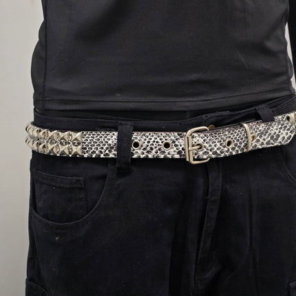BT117SNK-WHT  WHITE SNAKE 2 ROW PYRAMID STUD BELT