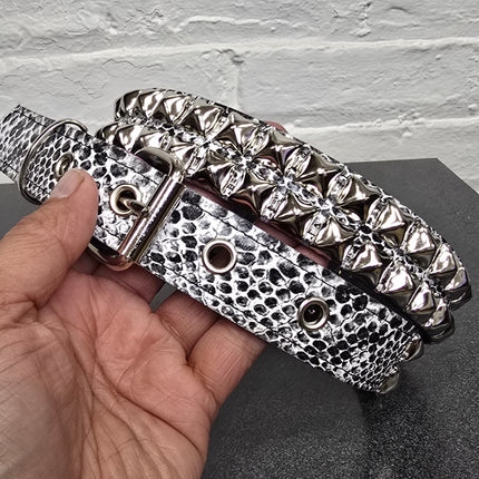 BT117SNK-WHT  WHITE SNAKE 2 ROW PYRAMID STUD BELT