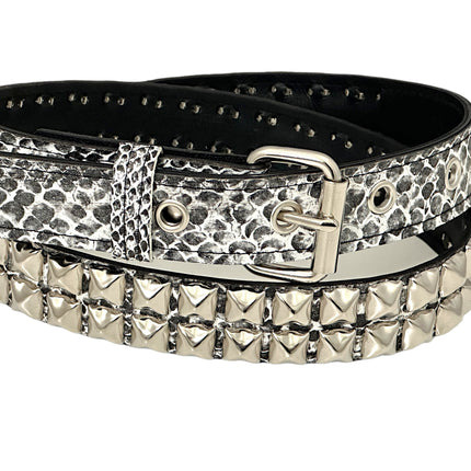 BT117SNK-WHT  WHITE SNAKE 2 ROW PYRAMID STUD BELT