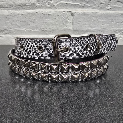 BT117SNK-WHT  WHITE SNAKE 2 ROW PYRAMID STUD BELT