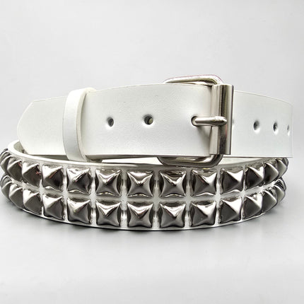BT117WHITE GENUINE LEATHER WHITE 2 ROW PYRAMID STUDDED  BELT
