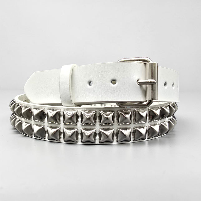 BT117WHITE GENUINE LEATHER WHITE 2 ROW PYRAMID STUDDED  BELT