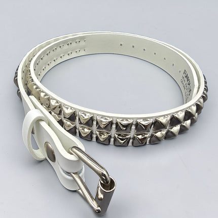 BT117WHITE GENUINE LEATHER WHITE 2 ROW PYRAMID STUDDED  BELT