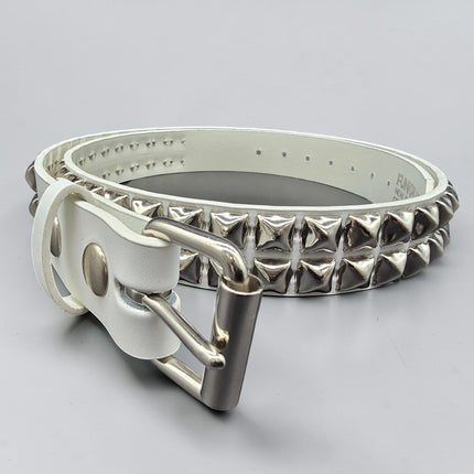 BT117WHITE GENUINE LEATHER WHITE 2 ROW PYRAMID STUDDED  BELT