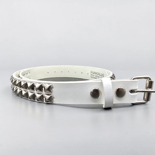 BT117WHITE GENUINE LEATHER WHITE 2 ROW PYRAMID STUDDED  BELT