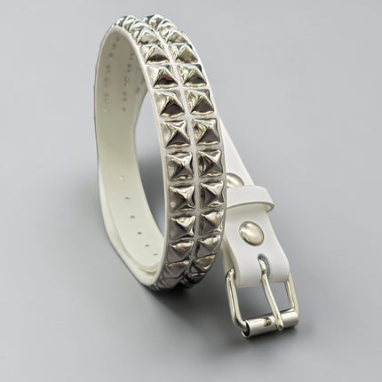 BT117WHITE GENUINE LEATHER WHITE 2 ROW PYRAMID STUDDED  BELT