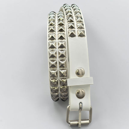 BT117WHITE GENUINE LEATHER WHITE 2 ROW PYRAMID STUDDED  BELT