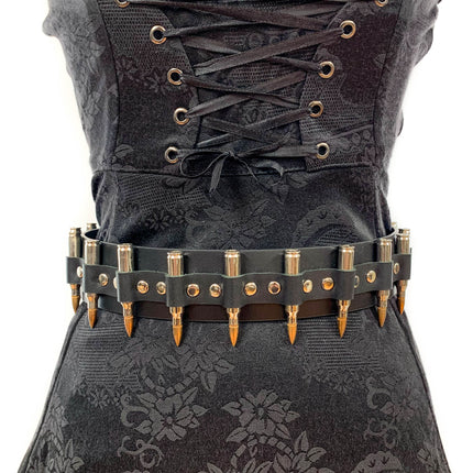 BT121NIC-COP BLACK LEATHER BELT, NICKEL SHELL BULLETS