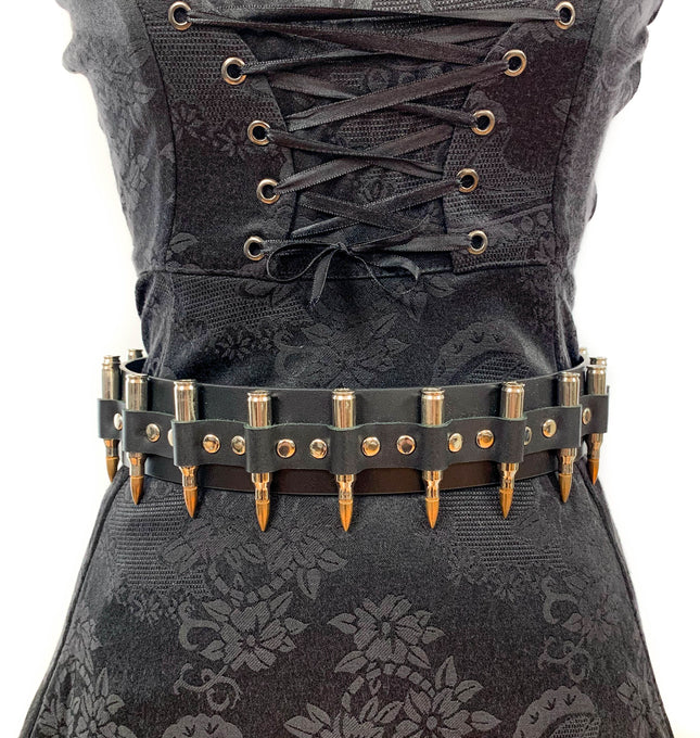 BT121NIC-COP BLACK LEATHER BELT, NICKEL SHELL BULLETS