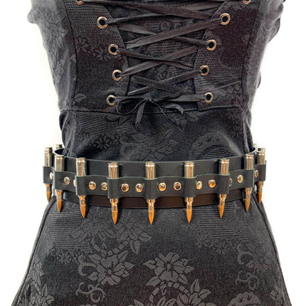 BT121NIC-COP BLACK LEATHER BELT, NICKEL SHELL BULLETS