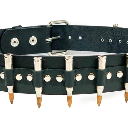 BT121NIC-COP BLACK LEATHER BELT, NICKEL SHELL BULLETS