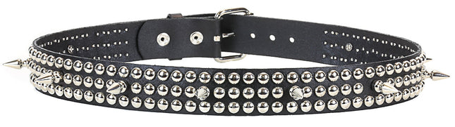 BT122 2 ROW ROUND STUD & SPIKE BLACK LEATHER BELT
