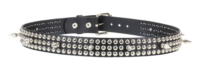 BT122 2 ROW ROUND STUD & SPIKE BLACK LEATHER BELT