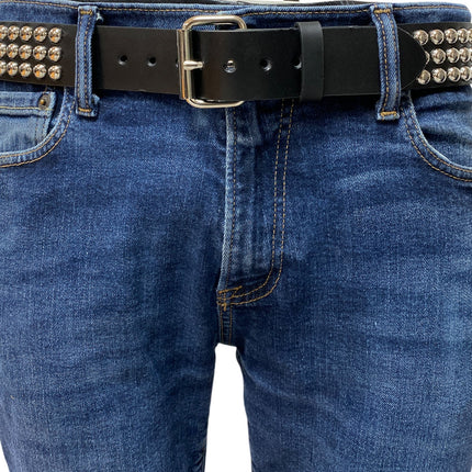 BT123 3 ROW ROUND STUD BLACK LEATHER BELT