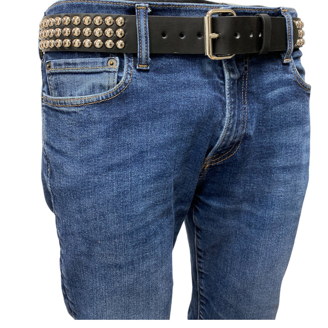BT123 3 ROW ROUND STUD BLACK LEATHER BELT