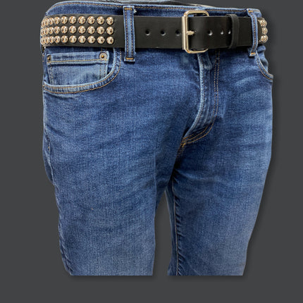 BT123 3 ROW ROUND STUD BLACK LEATHER BELT