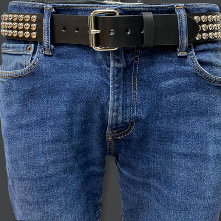 BT123 3 ROW ROUND STUD BLACK LEATHER BELT