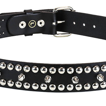BT124 2 ROW ROUND STUD & 1 ROW SPIKE BLACK LEATHER BELT