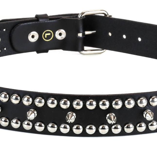 BT124 2 ROW ROUND STUD & 1 ROW SPIKE BLACK LEATHER BELT