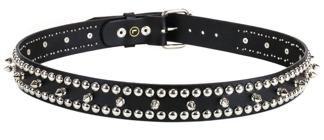 BT124 2 ROW ROUND STUD & 1 ROW SPIKE BLACK LEATHER BELT