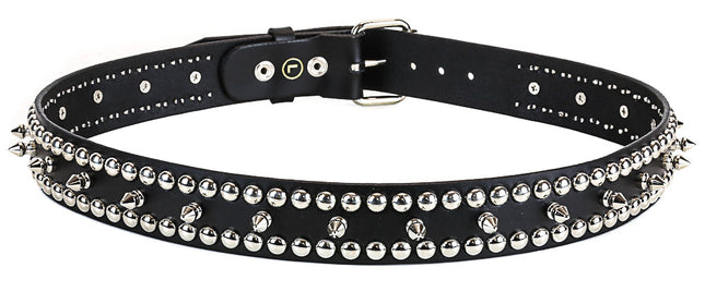 BT124 2 ROW ROUND STUD & 1 ROW SPIKE BLACK LEATHER BELT