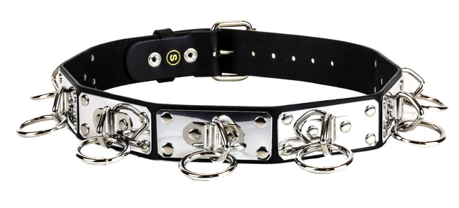 BT125 MEDIUM RING METAL PLATE BLACK LEATHER BELT