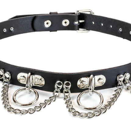 BT129 BLACK LEATHER BELT, SMALL RINGS & CHAINS