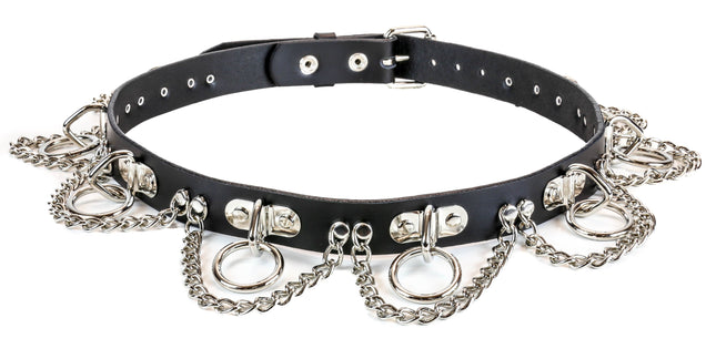 BT129 BLACK LEATHER BELT, SMALL RINGS & CHAINS