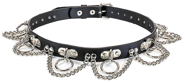 BT129 BLACK LEATHER BELT, SMALL RINGS & CHAINS