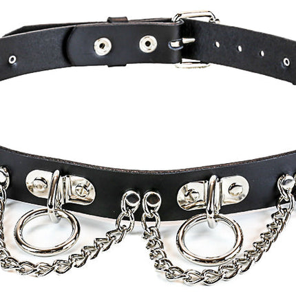 BT129 BLACK LEATHER BELT, SMALL RINGS & CHAINS