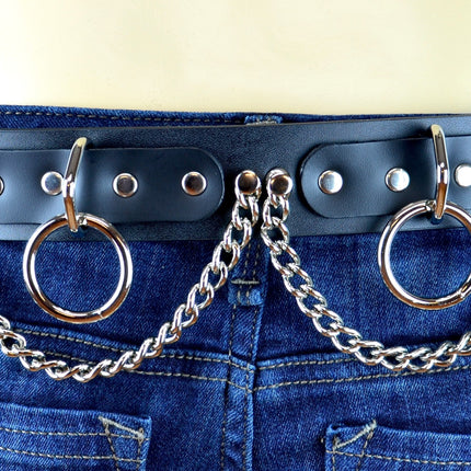 BT130 BLACK LEATHER BELT, 1 1/4" LOOP & RING AND CHAIN, 1 1/2" WIDE