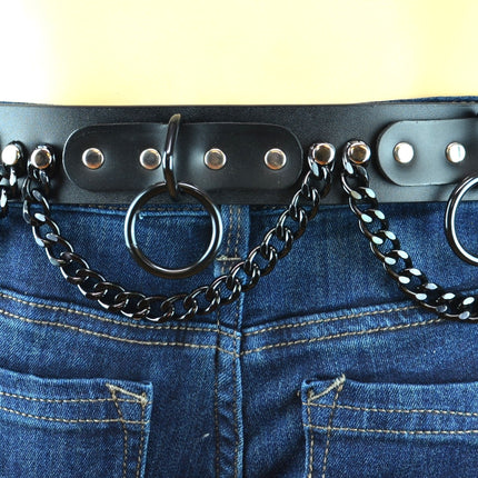 BT130-BS BLACK LOOP & RING & CHAIN BLACK LEATHER BELT