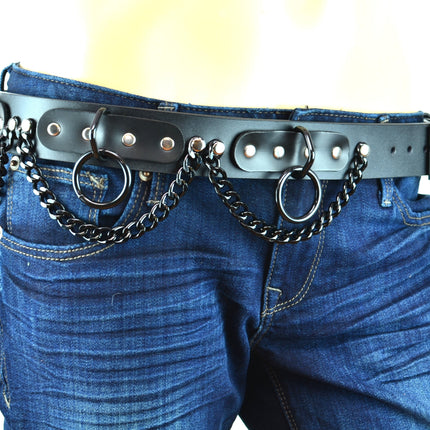 BT130-BS BLACK LOOP & RING & CHAIN BLACK LEATHER BELT