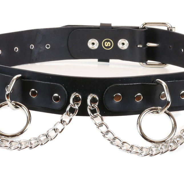 BT130 BLACK LEATHER BELT, 1 1/4" LOOP & RING AND CHAIN, 1 1/2" WIDE