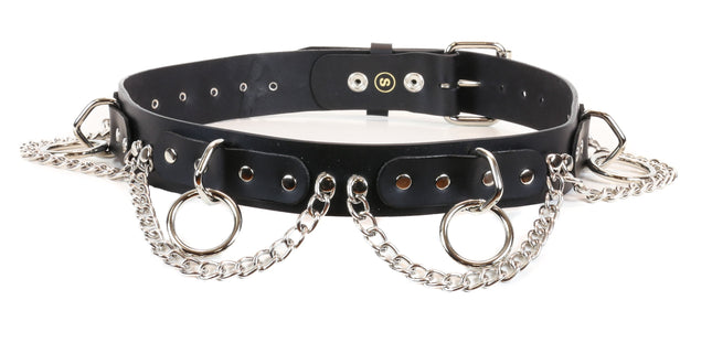 BT130 BLACK LEATHER BELT, 1 1/4" LOOP & RING AND CHAIN, 1 1/2" WIDE