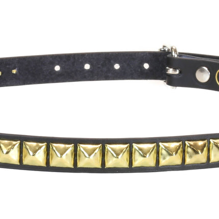 BT134-BRASS  1 ROW 1/2" PYRAMID STUDS BLACK LEATHER BELT