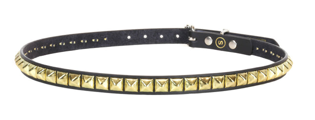BT134-BRASS  1 ROW 1/2" PYRAMID STUDS BLACK LEATHER BELT